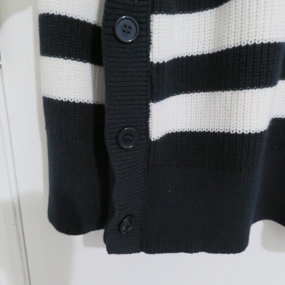 French Connection Womens Sz M Navy White Striped Mock Neck Knit Sweater Button - Picture 4 of 7
